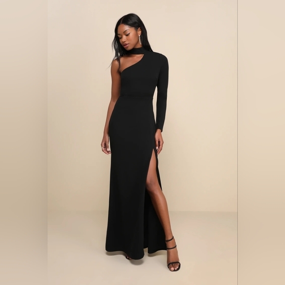 Lulus Keep It Interesting Black Cutout One-Shoulder Maxi Dress S Wedding Party - Picture 2 of 9
